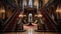 A stately Victorian mansion with a grand staircase leading to the front entrance.