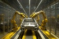 A stateoftheart car is being built by advanced robots inside a factory