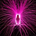Cockatiel pink quantum entanglement visualized as glowing threads connecting subatomic particles in a hightech laboratory