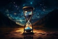 Hourglass in surreal desert and night sky background illustration