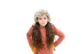 Static and frizz. Adorable child long hair soft fur hat. Child care concept. Girl long hair wear fur hat white