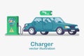 Station car charger. Electric refueling. Vehicle cartoon style.