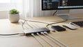 Station connecting multiple cables and a USB drive. Beside it a wireless Royalty Free Stock Photo