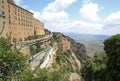 Station `Montserrat-Aeri` and Benedictine abbey Santa Maria de Montserrat in Monistrol de Montserrat, Spain