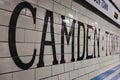 Station name on the platform of Camden Town underground station, London, UK Royalty Free Stock Photo