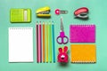 Stationary, back to school,summer time, creativity and education concept. Supplies - scissors, pencils, paper clips