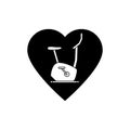 Stationary bike icon with heart. Health, medicine, sport and equipment, exercise bicycle symbol. Black silhouette.