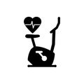 Stationary bike icon with heart and pulse line. Health, medicine, sport and equipment, exercise bicycle symbol. Black silhouette.
