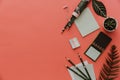 Stationary concept, Flat Lay Photo of Scissors, pencils, paper on pink background