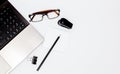 Stationary concept, Flat Lay top view Photo of laptop, pencil, stapled, paper clips, eyepieces, notes on white background with cop Royalty Free Stock Photo