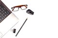 Stationary concept, Flat Lay top view Photo of laptop, pencil, stapled, paper clips, eyepieces, notes on white background with cop Royalty Free Stock Photo