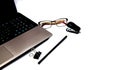 Stationary concept, Flat Lay top view Photo of laptop, pencil, stapled, paper clips, eyepieces, notes on white background with cop Royalty Free Stock Photo