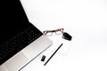 Stationary concept, Flat Lay top view Photo of laptop, pencil, stapled, paper clips, eyepieces, notes on white background with cop Royalty Free Stock Photo