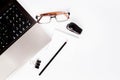 Stationary concept, Flat Lay top view Photo of laptop, pencil, stapled, paper clips, eyepieces, notes on white background with cop Royalty Free Stock Photo