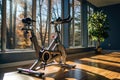 Stationary exercise bike in front of a window