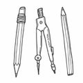 Stationary Hand Drawn Doodle Vector Illustrations Set. Style Sketch with Compass, Pen and Pencil. Isolated
