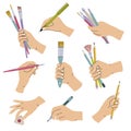 Stationary in hands. People holding brushes pencils lettering calligraphic items for artists recent vector flat Royalty Free Stock Photo