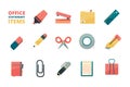 Stationary items. Business office tools paper folder pencil eraser pen paper clip stapler marker vector flat icons