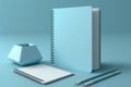 stationary, office equipment, blank notebook, blue background