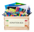 Stationary supplies donations box isolated on white Royalty Free Stock Photo