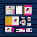 Stationary templates of documentation romantic date design of business stationery over blue wooden background