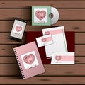 Stationary templates of documentation romantic date design of business stationery over wooden background