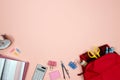 Stationeries and office supplies on pink background. Flat lay. Top view with copy space. Back to school concept. Royalty Free Stock Photo