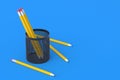 Stationery accessories on blue background. Education concept. Copy space