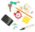 Stationery with alarm clock and keys Royalty Free Stock Photo