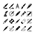 Stationery Art and Writing Tools Silhouette and Vector Icons for Graphic Design Royalty Free Stock Photo