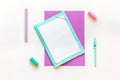 Stationery, back to school. On white background, flatlay, isolated, mock up. Top view. Copy space Royalty Free Stock Photo