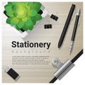 Stationery background with office equipment on wooden table