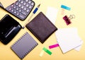 Stationery and calculator. Bookmarks, leather wallet and cards