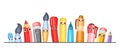 Stationery. Cartoon characters with faces. Markers and pencils. Cheerful cute characters with smiles. A friendly company