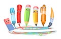 Stationery. Cartoon characters with faces. Markers and pencils create art. Eraser cleans it up. Cheerful characters with