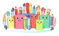 Stationery. Cartoon characters. Markers and pencils. Cheerful characters with smiles. Books and notebooks. Friendly