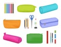 Stationery cases. School pens brushes in colored pencil cases for education decent vector realistic pictures set Royalty Free Stock Photo