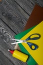Stationery. Colored paper, scissors and glue. On brushed pine boards Royalty Free Stock Photo