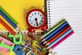 Stationery colorful writing tools accessories pens pencils, color paper. Back to school. Office supplies products Royalty Free Stock Photo
