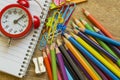 Stationery colorful writing tools accessories pens pencils, color paper. Back to school. Office supplies products Royalty Free Stock Photo