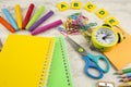 Stationery colorful writing tools accessories pens pencils, color paper. Back to school. Office supplies products Royalty Free Stock Photo