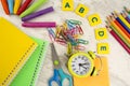 Stationery colorful writing tools accessories pens pencils, color paper. Back to school. Office supplies products Royalty Free Stock Photo