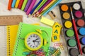 Stationery colorful writing tools accessories pens pencils, color paper. Back to school. Office supplies products Royalty Free Stock Photo