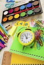 Stationery colorful writing tools accessories pens pencils, color paper. Back to school. Office supplies products Royalty Free Stock Photo