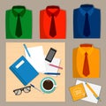 Stationery on the desk and a set of colored shirts, office style.