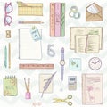 Stationery flat lay, books, background studying, creative lifestyle, planning Seamless pattern Hand drawn illustration