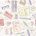 Stationery flat lay, books, background studying, creative lifestyle, planning Seamless pattern Hand drawn illustration