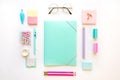 Stationery, girl set in pastel shades. On white background, flatlay, isolated, mock up. Top view. Copy space Royalty Free Stock Photo