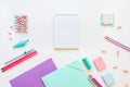 Stationery, girl set in pastel shades. On white background, flatlay, isolated, mock up. Top view. Copy space Royalty Free Stock Photo