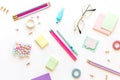 Stationery, girl set in pastel shades. On white background, flatlay, isolated, mock up. Top view. Copy space Royalty Free Stock Photo